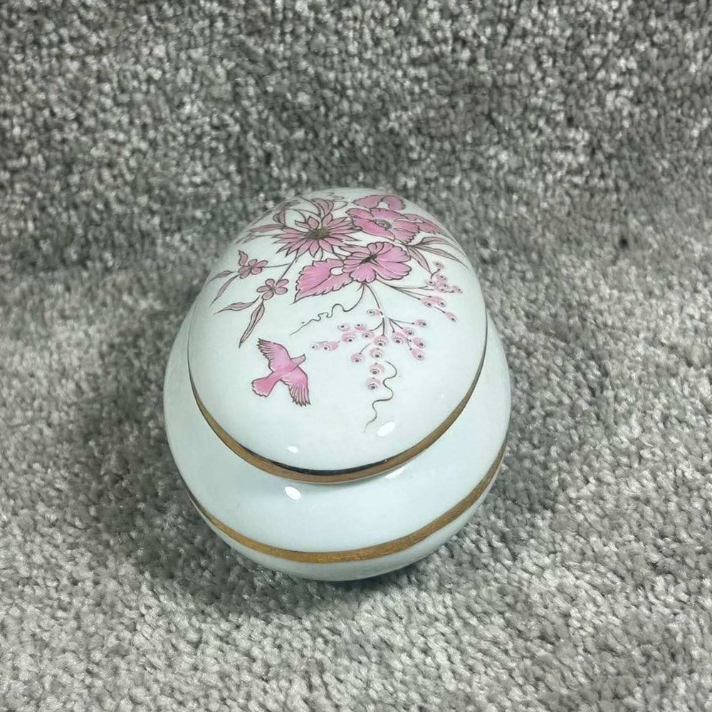 Reutter Porzellan Trinket Box White Pink Floral Bird Gold Trim W Germany OS